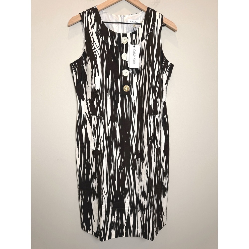 NWT Calvin Klein Linen Blend Brown White Sleeveless Sheath Dress Gold Buttons 10